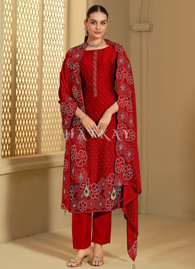 Ruby Red Embroidered Pant Style Suit