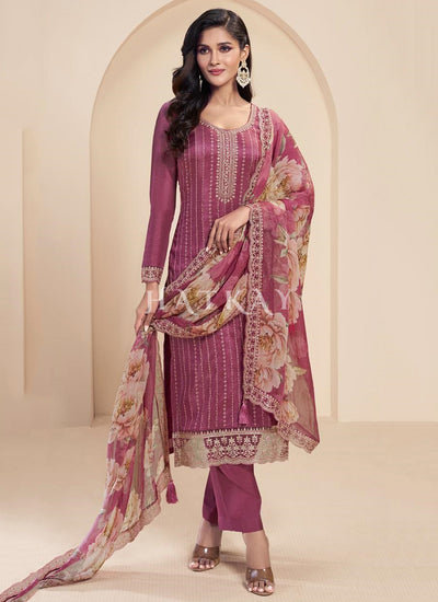 Mauve Purple Embroidered Pakistani Pant Style Suit