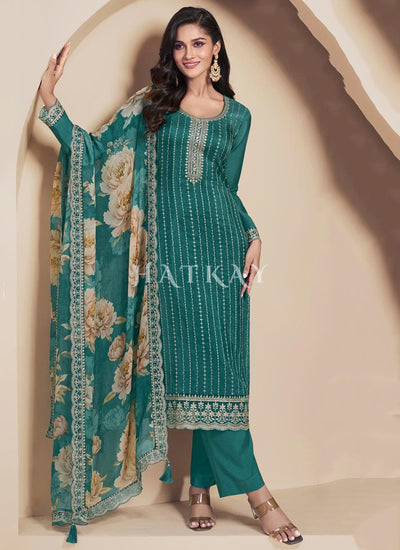 Turquoise Embroidered Pakistani Pant Style Suit