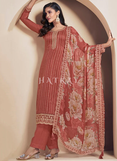 Orange Embroidered Pakistani Pant Style Suit