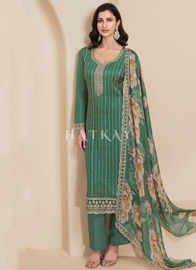 Green Embroidered Pakistani Pant Style Suit