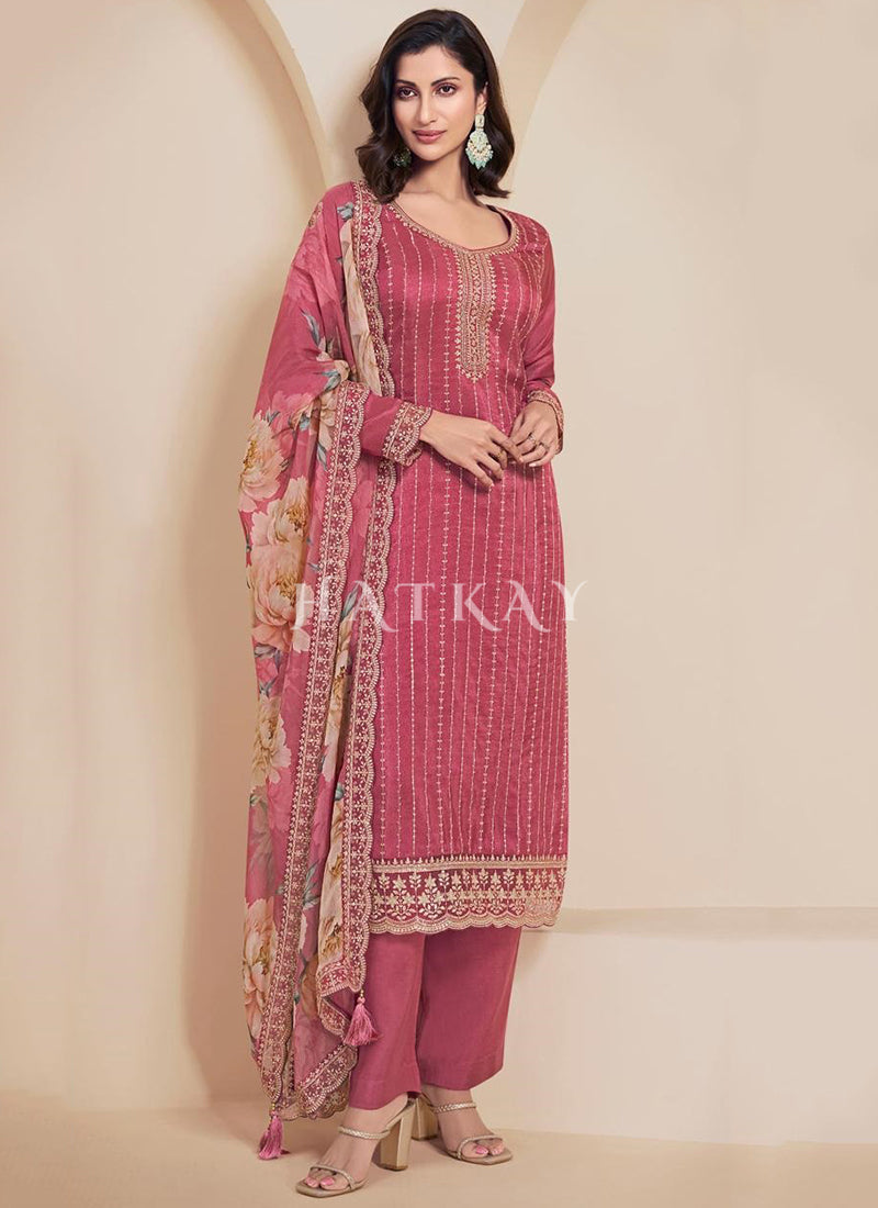 Pink Embroidered Pakistani Pant Style Suit