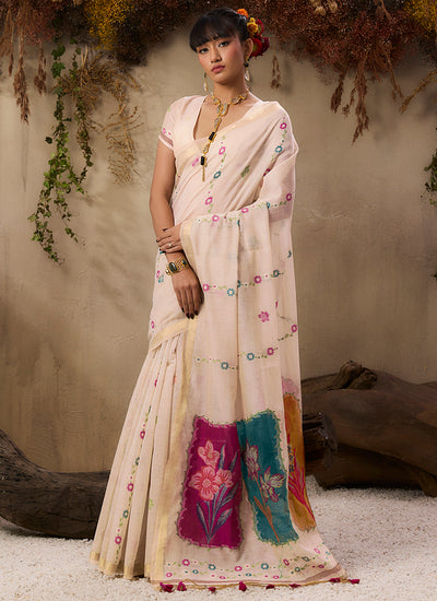Off White Multicolor Floral Cotton Saree