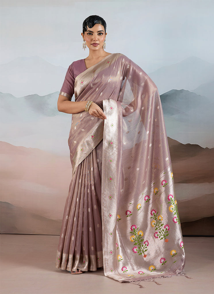 Mauve Purple Floral Handloom Silk Saree