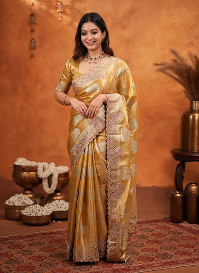 Antique Gold Embroidered Wedding Tissue Silk Saree