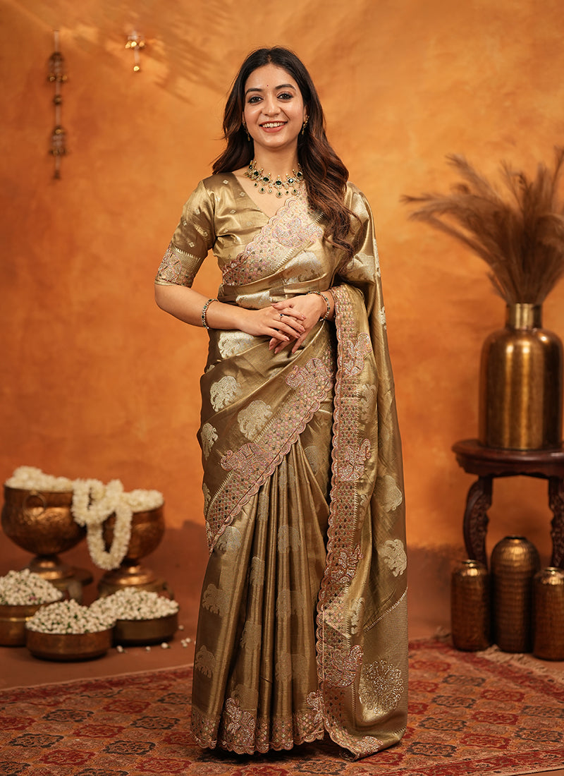 Bronze Gold Embroidered Wedding Tissue Silk Saree