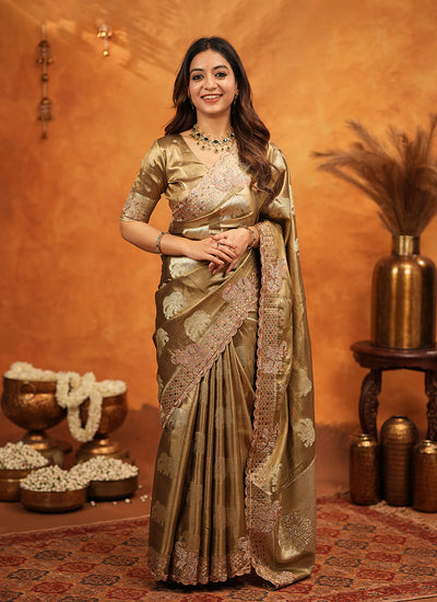 Bronze Gold Embroidered Wedding Tissue Silk Saree