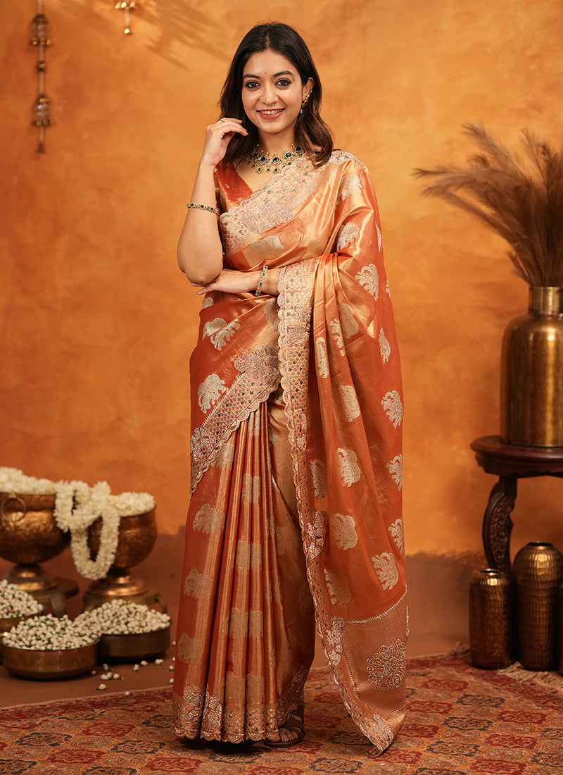 Buy Orange Tissue Saree
