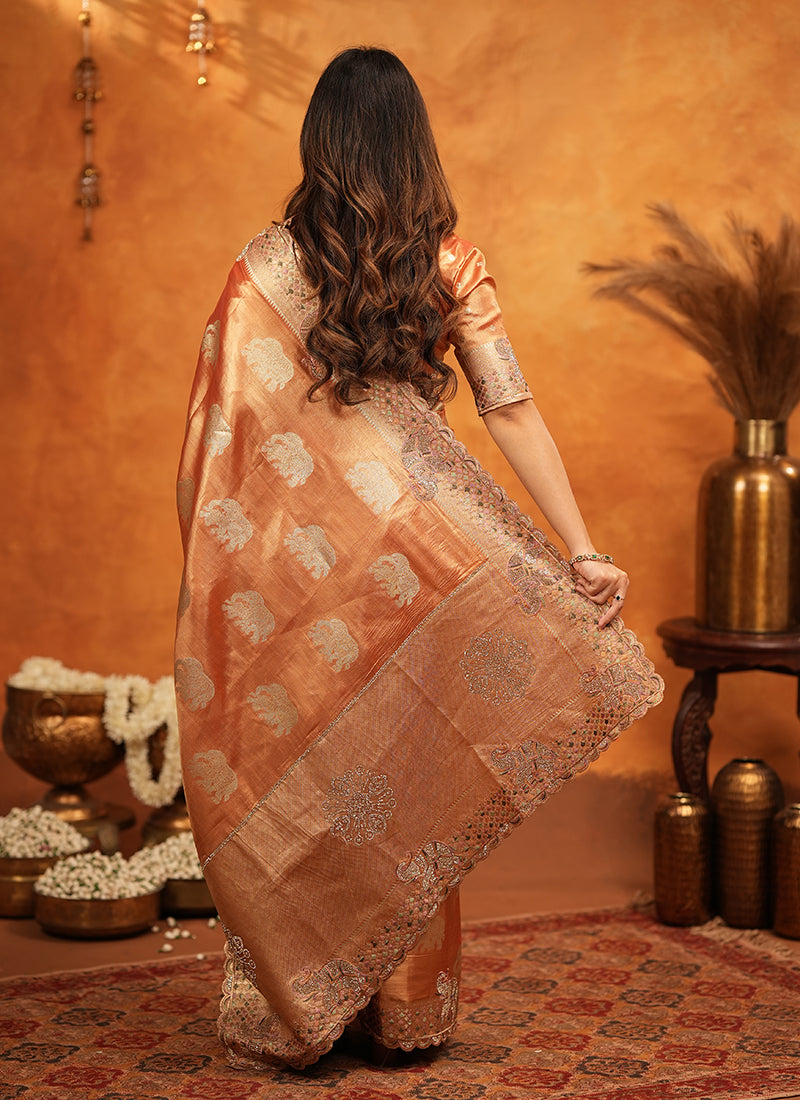 Buy Orange Tissue Saree In Canada