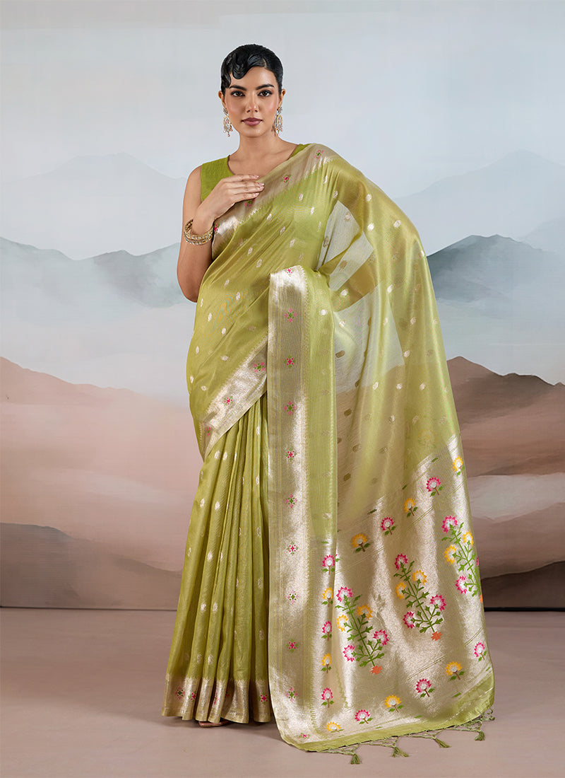 Lime Green Floral Handloom Silk Saree