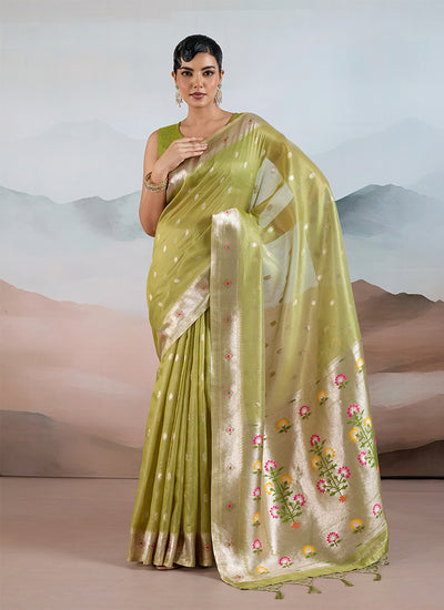 Lime Green Floral Handloom Silk Saree