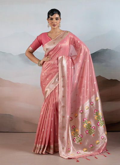 Coral Pink Floral Handloom Silk Saree