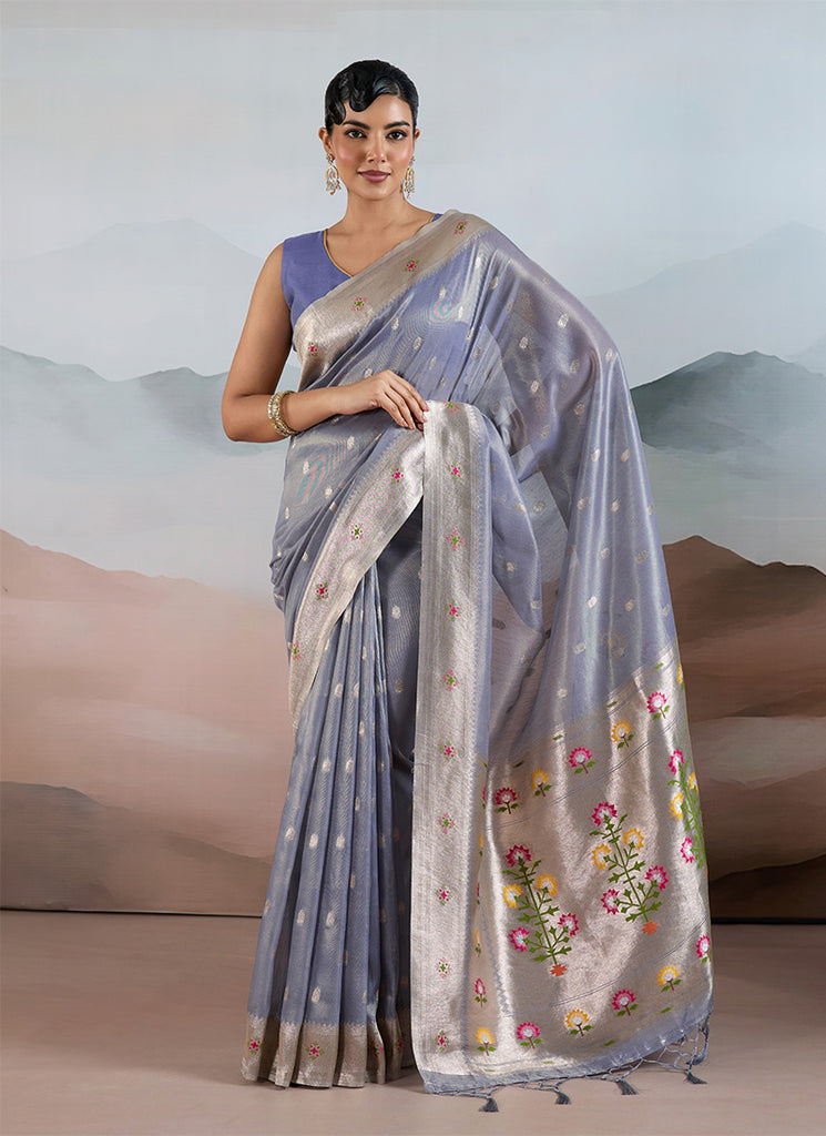 Light Blue Floral Handloom Silk Saree