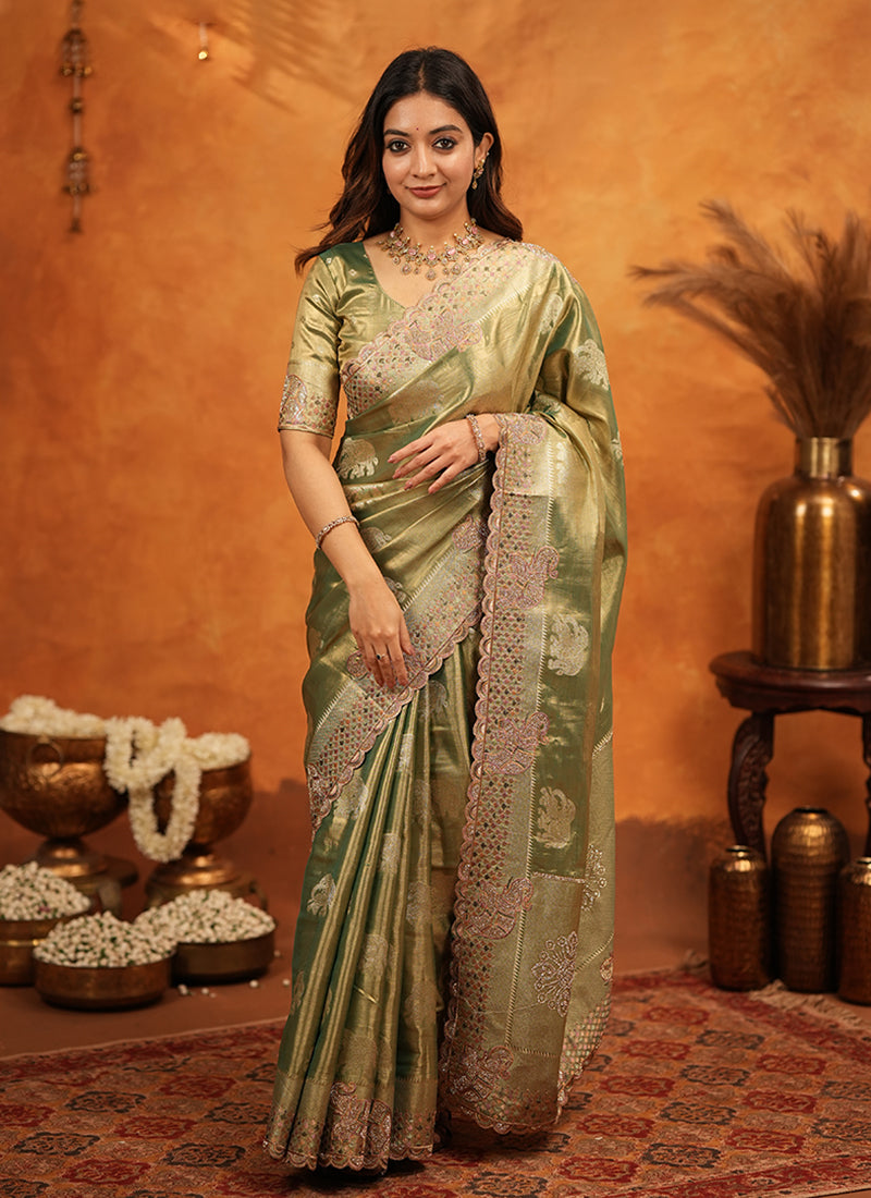 Mehendi Green Embroidered Wedding Tissue Silk Saree
