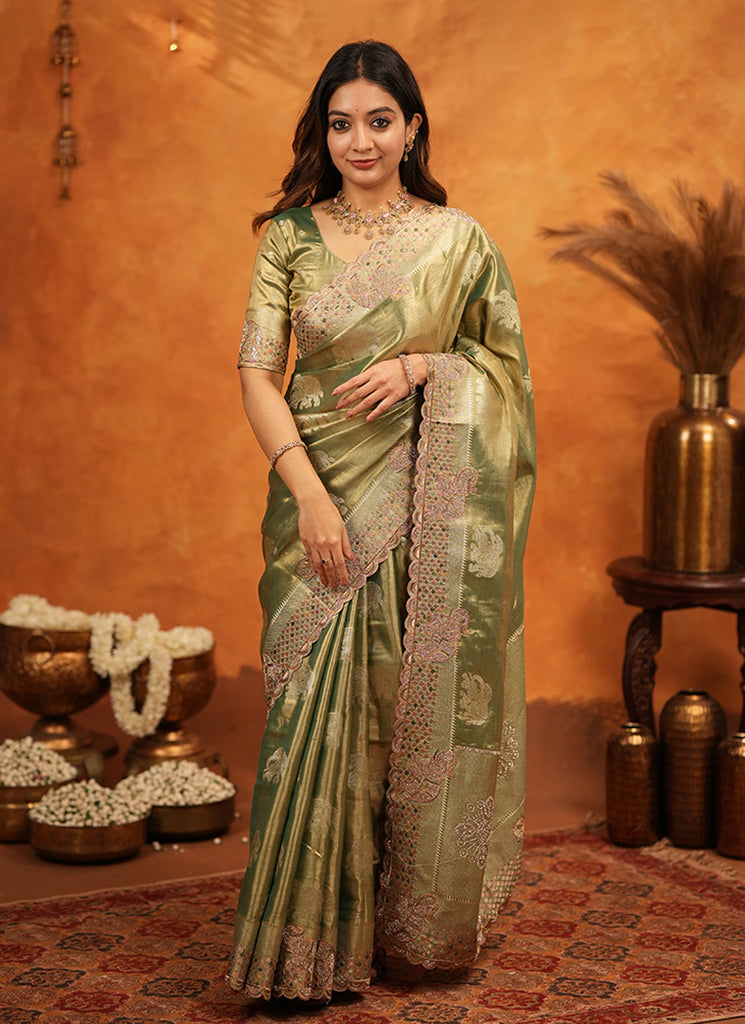 Mehendi Green Embroidered Wedding Tissue Silk Saree