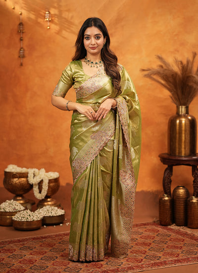 Pista Green Embroidered Wedding Tissue Silk Saree