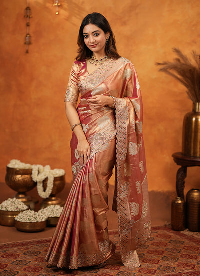Rose Pink Embroidered Wedding Tissue Silk Saree