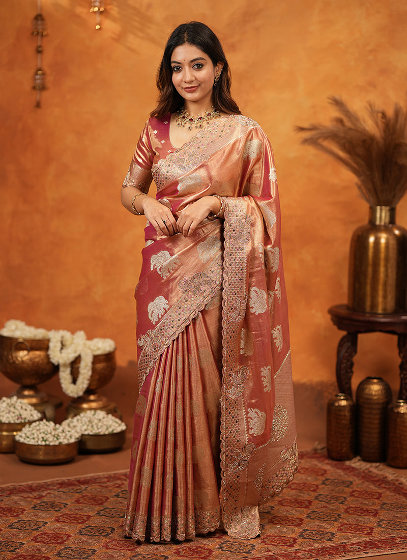 Rose Pink Embroidered Wedding Tissue Silk Saree