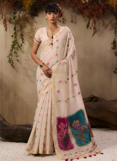 Off White Multicolor Floral Cotton Saree