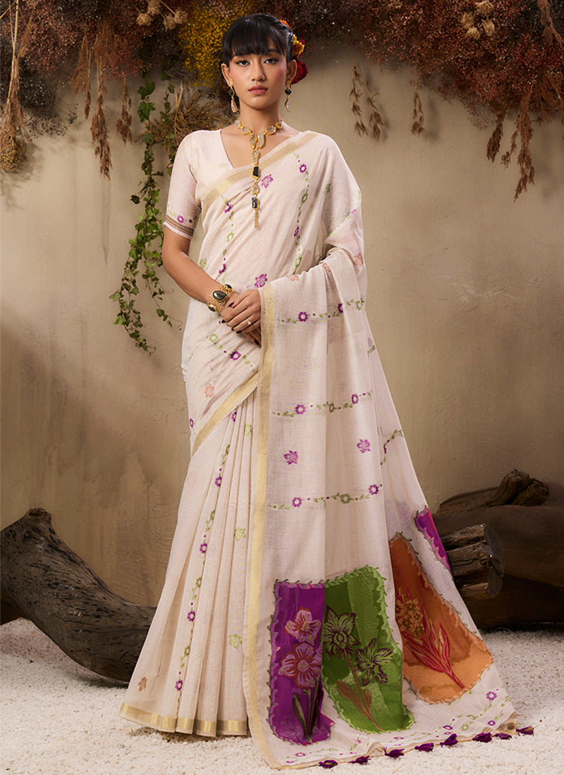 Cream Colorful Border Handloom Cotton Saree