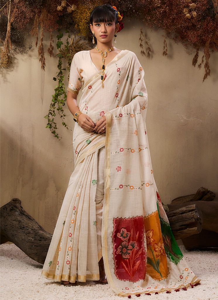 Off White Patch Cotton Saree