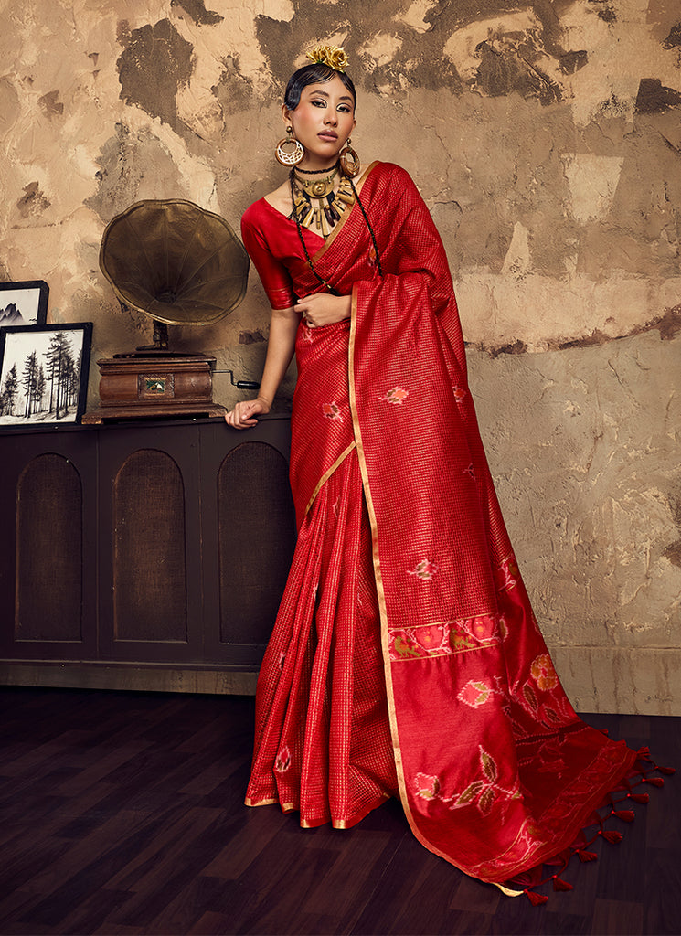 Red Handloom Weaving Silk Saree