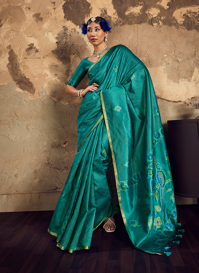 Turquoise Handloom Weaving Silk Saree