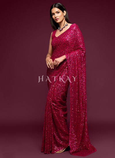 Hot Pink Sequins Embroidery Georgette Saree