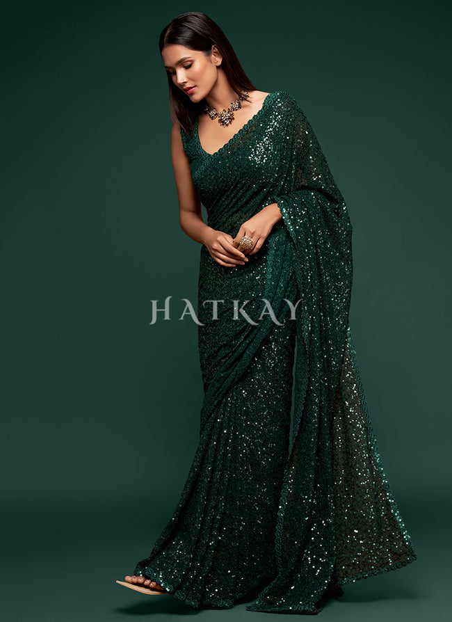 Deep Green Sequins Embroidery Georgette Saree