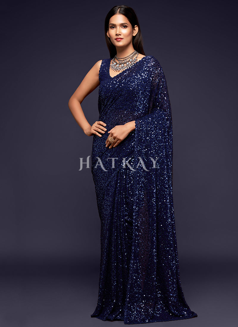 Rich Blue Sequins Embroidery Georgette Saree