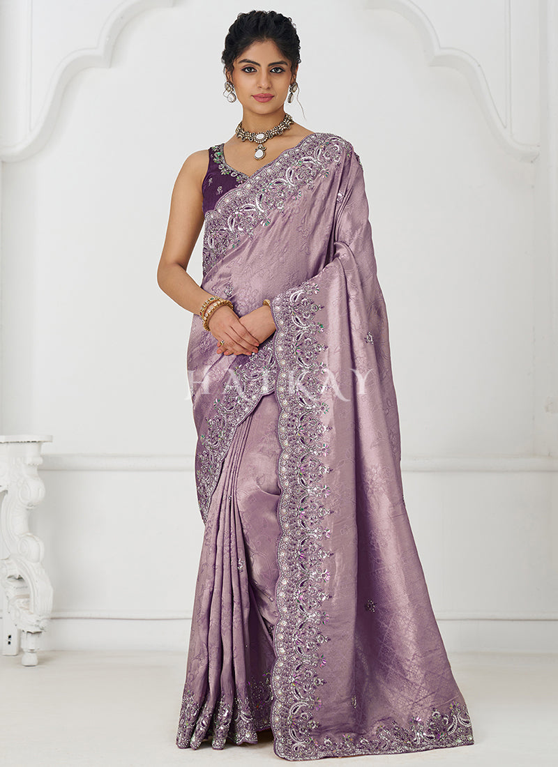 Purple Multi Embroidery Wedding Silk Saree