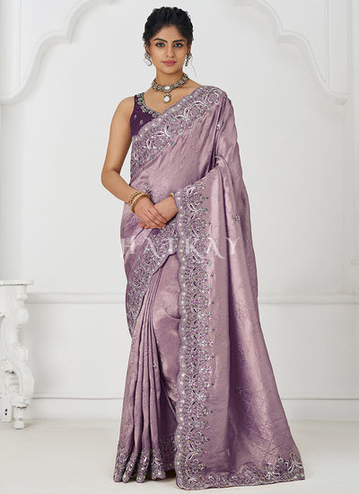 Purple Multi Embroidery Wedding Silk Saree