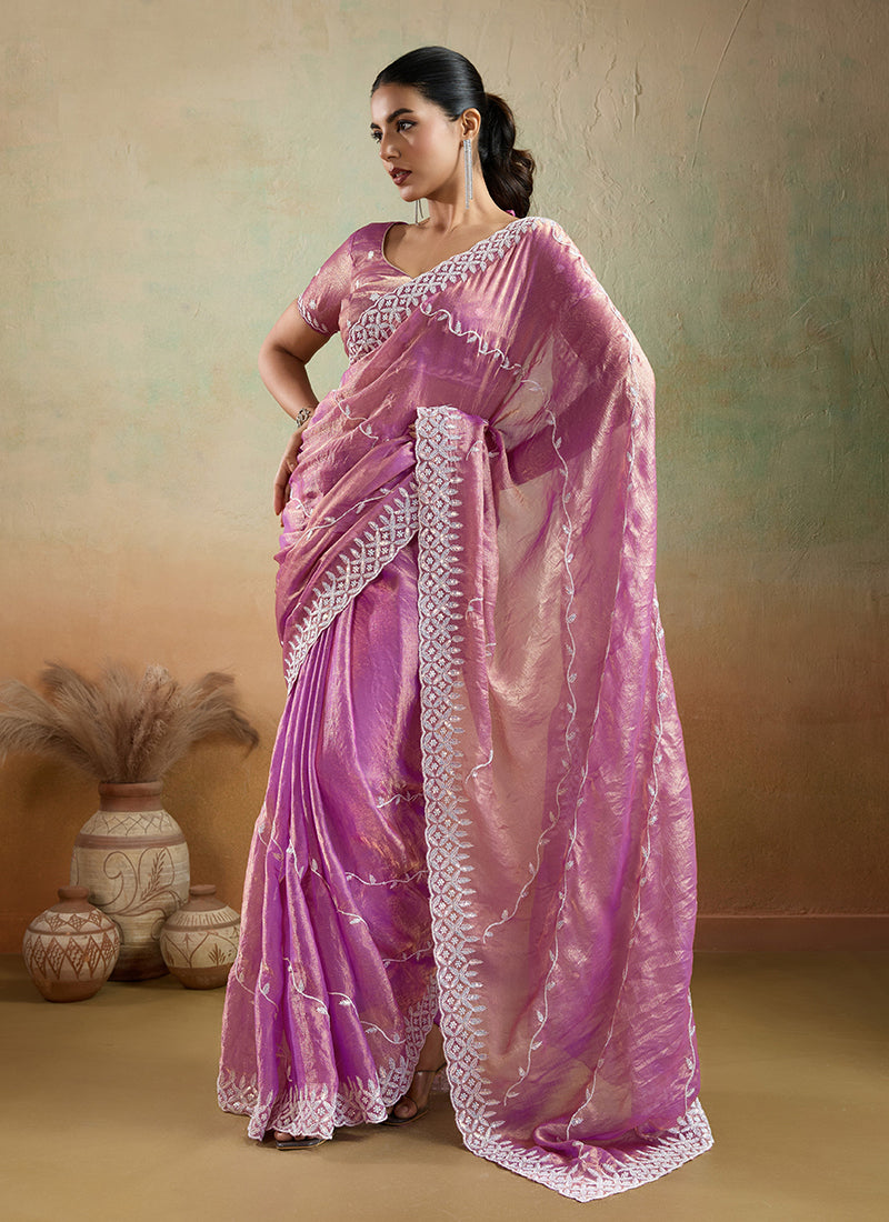 Mauve Pink Embroidered Bollywood Saree