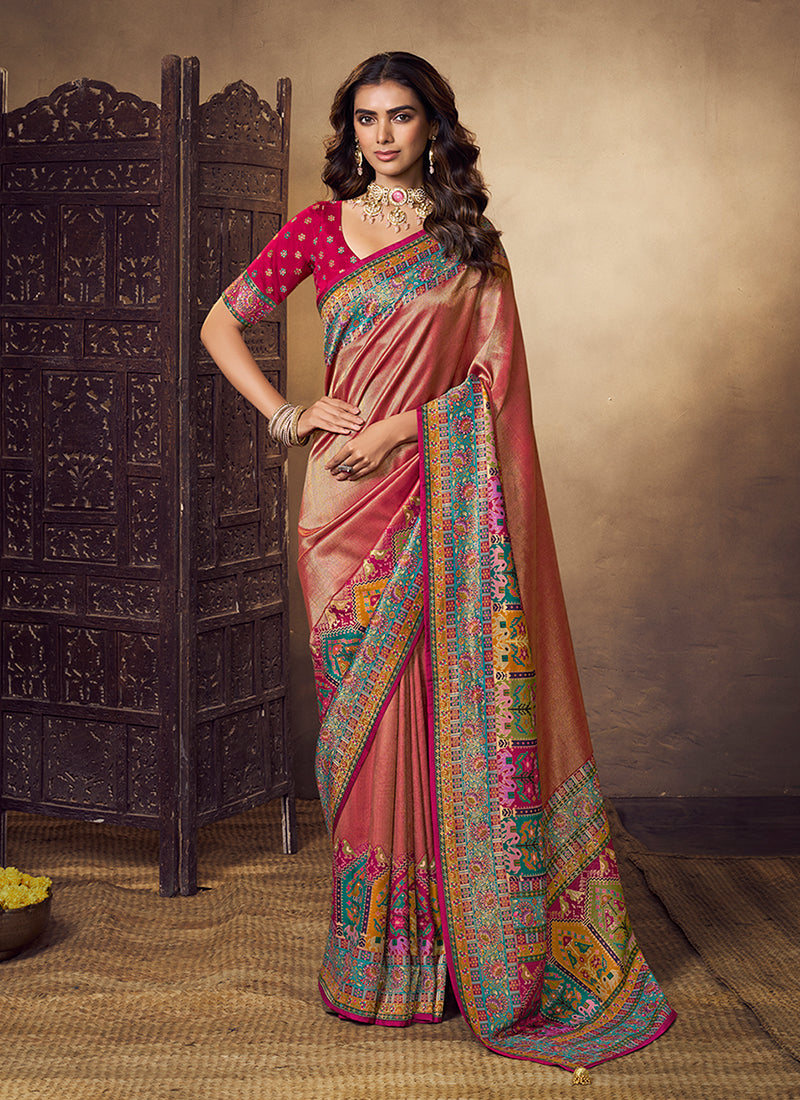 Mystic Orange Multicolored Printed Silk Saree