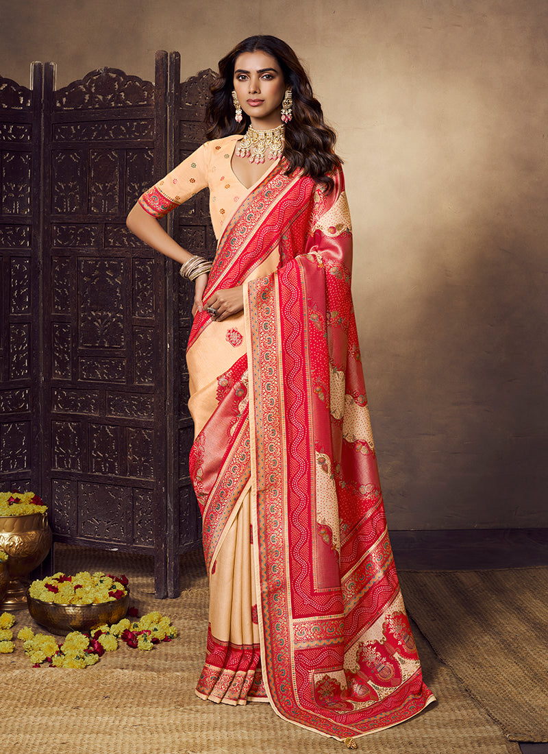 Red and Peach Printed Silk Saree