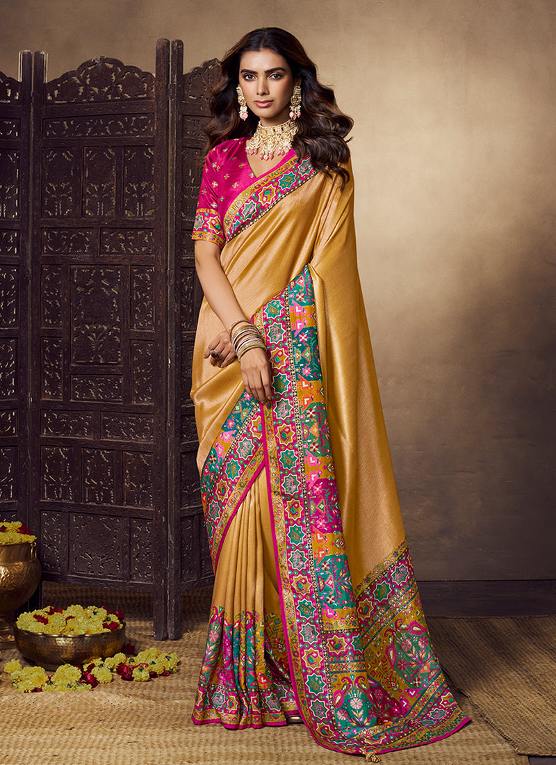Yellow Multicolored Printed Silk Saree