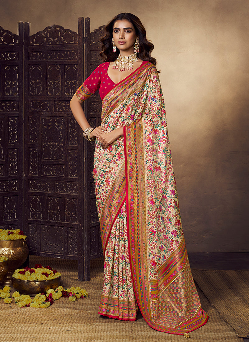 Off White Multicolored Printed Silk Saree