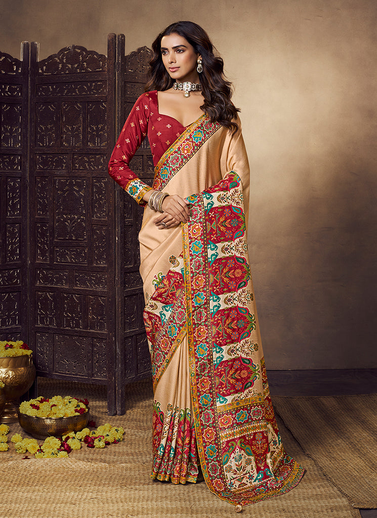Beige Multicolored Printed Silk Saree
