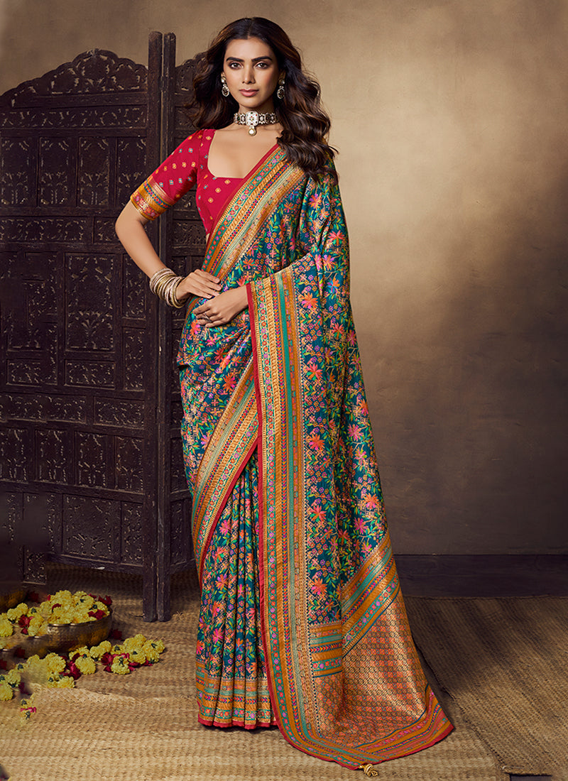 Blue and Red Multicolored Printed Silk Saree