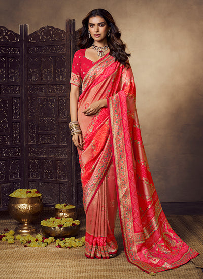 Red Multicolored Printed Silk Saree