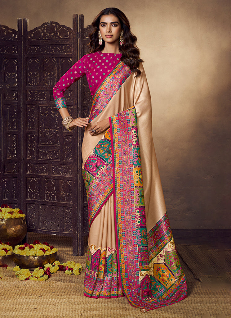 Magenta Multicolored Printed Silk Saree