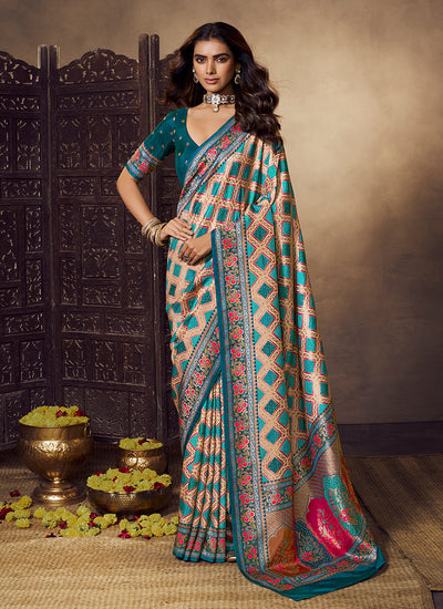 Teal Blue Multicolored Printed Silk Saree