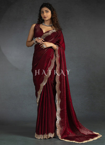 Cherry Red Satin Silk Saree