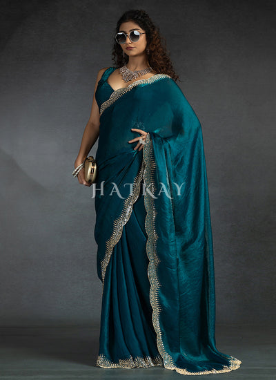 Turquoise Satin Silk Saree