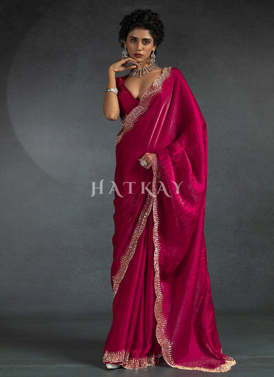 Magenta Pink Satin Silk Saree