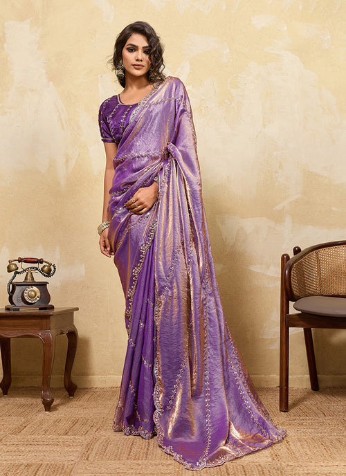Purple Embroidered Satin Saree