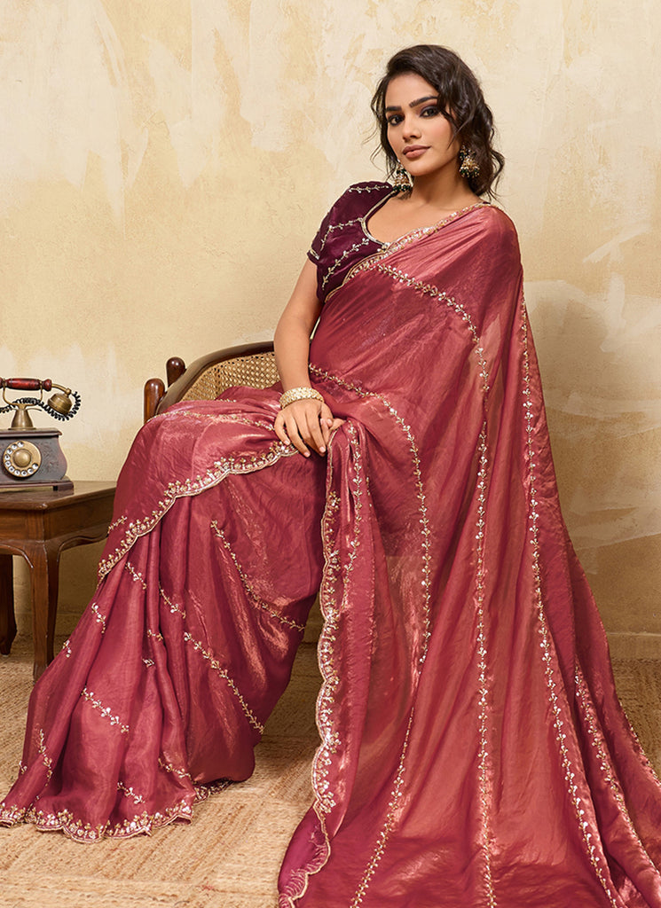 Rust Red Embroidered Satin Saree