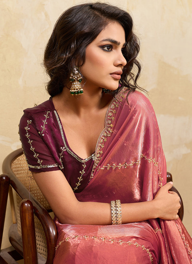 Rust Red Embroidered Satin Saree