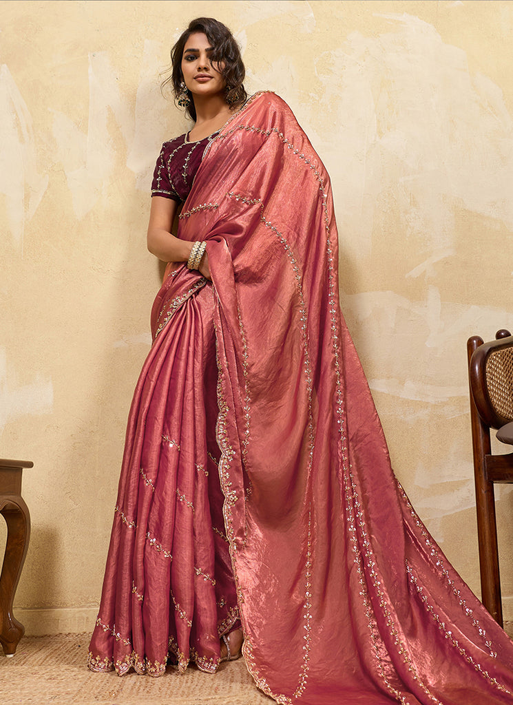 Rust Red Embroidered Satin Saree