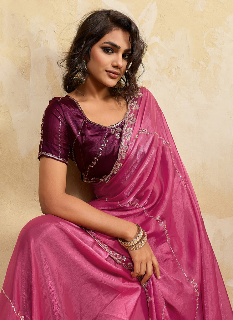 Magenta Embroidered Satin Saree